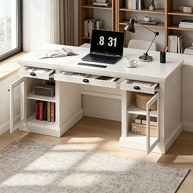 BAOURE Solid Wood And MDF Executive Desk With Storage Drawers Cabinets And USB Ports