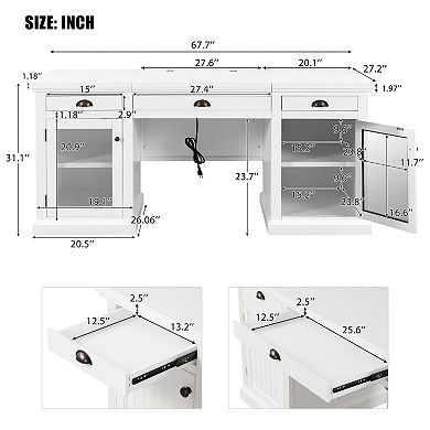 BAOURE Solid Wood And MDF Executive Desk With Storage Drawers Cabinets And USB Ports