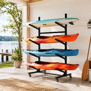 BAOURE Steel Kayak Storage Rack Holds 4 Kayaks With Lockable Wheels Adjustable Arms