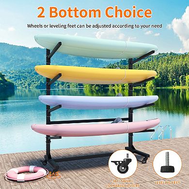 BAOURE Steel Kayak Storage Rack Holds 4 Kayaks With Lockable Wheels Adjustable Arms