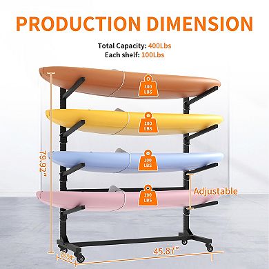 BAOURE Steel Kayak Storage Rack Holds 4 Kayaks With Lockable Wheels Adjustable Arms