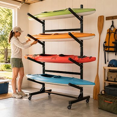BAOURE Steel Kayak Storage Rack Holds 4 Kayaks With Lockable Wheels Adjustable Arms