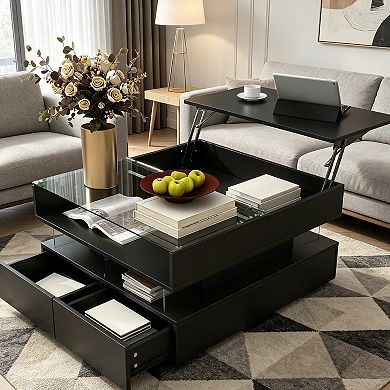 BAOURE MDF Tempered Glass Modern Coffee Table Lift Top LED Lights Two Drawers Storage