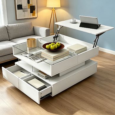 BAOURE MDF Tempered Glass Modern Coffee Table Lift Top LED Lights Two Drawers Storage