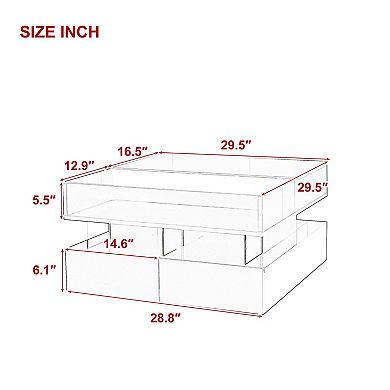 BAOURE MDF Tempered Glass Modern Coffee Table Lift Top LED Lights Two Drawers Storage