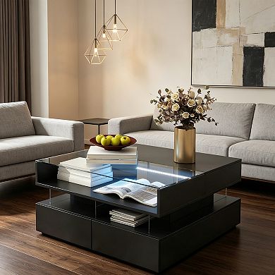 BAOURE MDF Tempered Glass Modern Coffee Table Lift Top LED Lights Two Drawers Storage