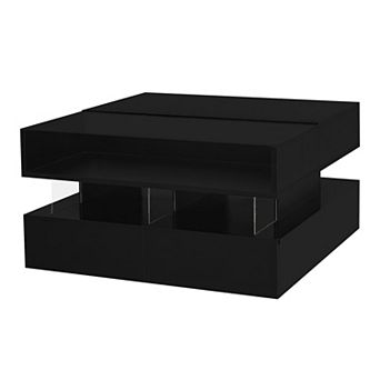 BAOURE MDF Tempered Glass Modern Coffee Table Lift Top LED Lights Two Drawers Storage