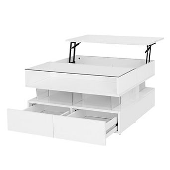 BAOURE MDF Tempered Glass Modern Coffee Table Lift Top LED Lights Two Drawers Storage