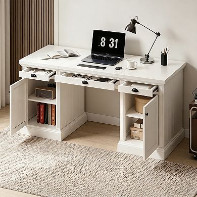 BAOURE Solid Wood and MDF Office Desk with Drawers Cabinets USB Ports and Outlets