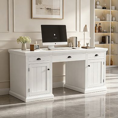 BAOURE Solid Wood and MDF Office Desk with Drawers Cabinets USB Ports and Outlets