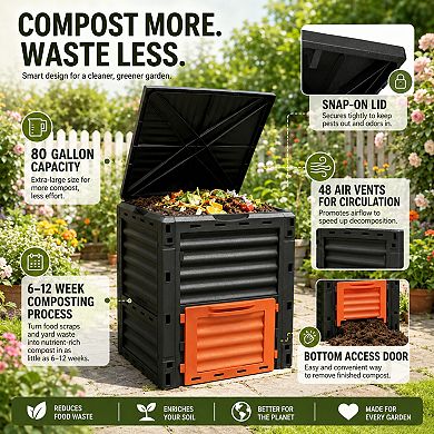 BAOURE Polypropylene Outdoor Compost Bin 80 Gallon Large Capacity For Backyard Garden