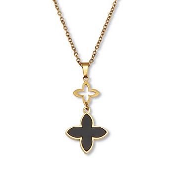 Genuine Black Onyx Gold Ion-Plated Clover Necklace 18 to 20-inch
