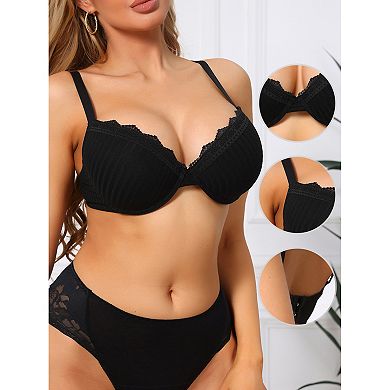 Women's Lace Trim Bra Full Coverage V Neck Push Up Underwire Bralettes
