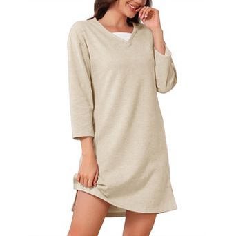 Women's Nightgown Thermal Dralon Fleece Long Sleeve Winter Fuzzy Plush Midi Sleepdress with Pockets