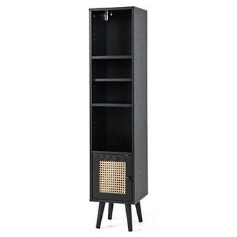 Costway Rattan Storage Cabinet Freestanding Slim Organizer Wood Display Rack Living Room