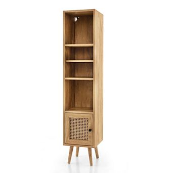 Costway Rattan Storage Cabinet Freestanding Slim Organizer Wood Display Rack Living Room