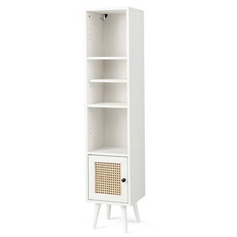 Costway Rattan Storage Cabinet Freestanding Slim Organizer Wood Display Rack Living Room