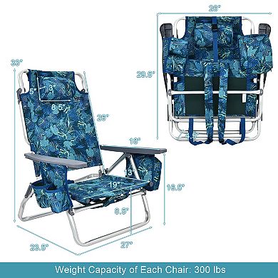 Costway 2-Pack Folding Backpack Beach Chair 5-Position Outdoor Reclining Chairs with Pillow