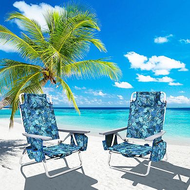 Costway 2-Pack Folding Backpack Beach Chair 5-Position Outdoor Reclining Chairs with Pillow