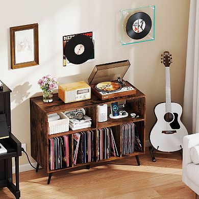 Costway Large Record Player Stand Cabinet with Built-in Power Outlet Open Shelves