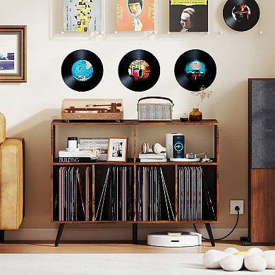 Costway Large Record Player Stand Cabinet with Built-in Power Outlet Open Shelves