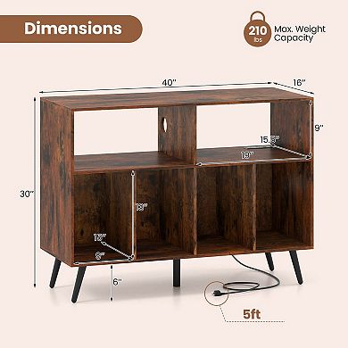 Costway Large Record Player Stand Cabinet with Built-in Power Outlet Open Shelves