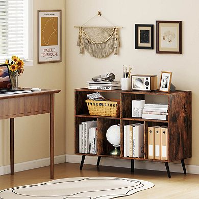 Costway Large Record Player Stand Cabinet with Built-in Power Outlet Open Shelves