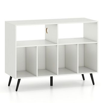 Costway Large Record Player Stand Cabinet with Built-in Power Outlet Open Shelves