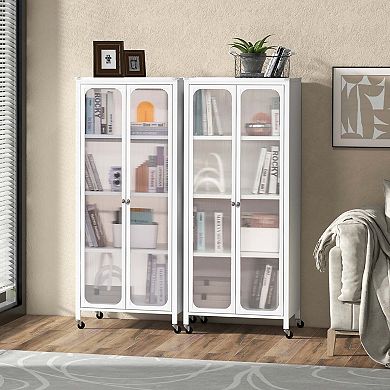 Costway 24" Storage Cabinet with Wheels & 2 Translucent Doors Adjustable Shelves Sideboard
