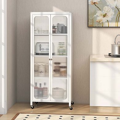 Costway 24" Storage Cabinet with Wheels & 2 Translucent Doors Adjustable Shelves Sideboard