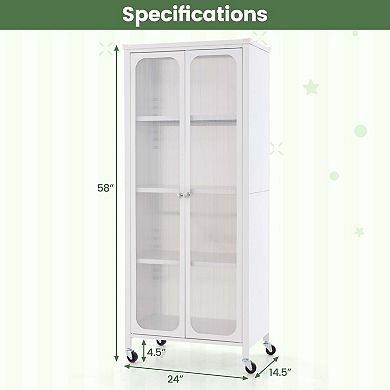 Costway 24" Storage Cabinet with Wheels & 2 Translucent Doors Adjustable Shelves Sideboard