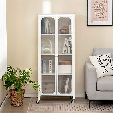 Costway 24" Storage Cabinet with Wheels & 2 Translucent Doors Adjustable Shelves Sideboard
