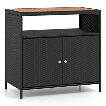 Costway Patio Rattan Storage Cabinet with Acacia Wood Countertop Open Shelf 2 Door Cabinet