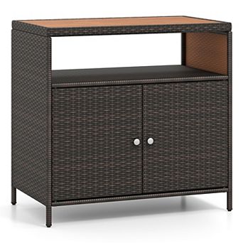 Costway Patio Rattan Storage Cabinet with Acacia Wood Countertop Open Shelf 2 Door Cabinet