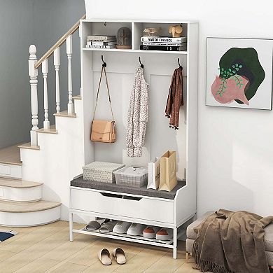 Costway 69" Tall Hall Tree with Seat Cushion Open Compartments Hooks Lift-top Storage