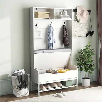 Costway 69" Tall Hall Tree with Seat Cushion Open Compartments Hooks Lift-top Storage