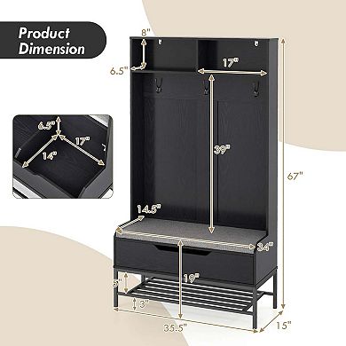 Costway 69" Tall Hall Tree with Seat Cushion Open Compartments Hooks Lift-top Storage