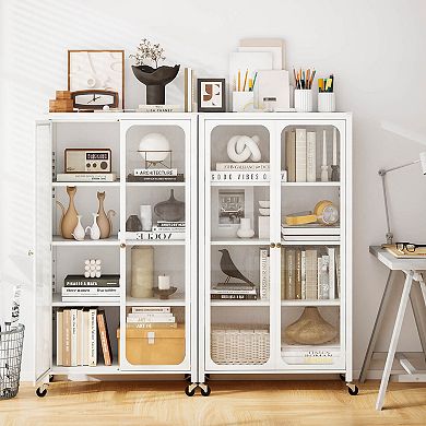 Costway 31.5" Storage Cabinet with Wheels & 2 Translucent Doors Adjustable Shelves Sideboard