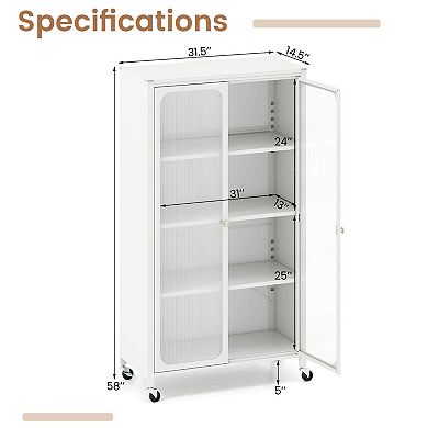Costway 31.5" Storage Cabinet with Wheels & 2 Translucent Doors Adjustable Shelves Sideboard