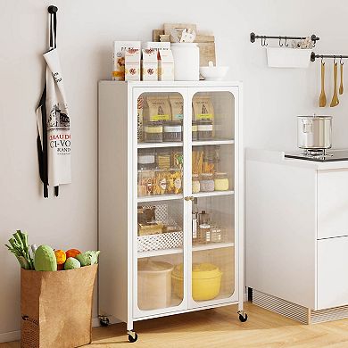 Costway 31.5" Storage Cabinet with Wheels & 2 Translucent Doors Adjustable Shelves Sideboard