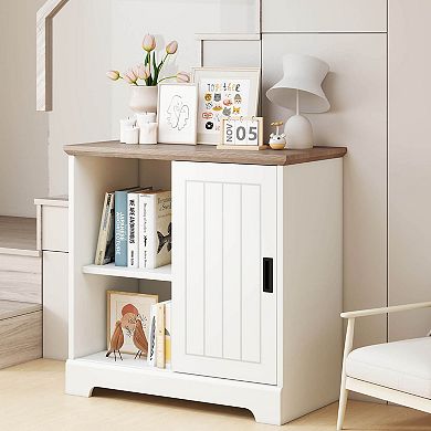 Costway Farmhouse Sideboard Buffet Cabinet with Sliding Doors 3 Drawers Adjustable Shelf