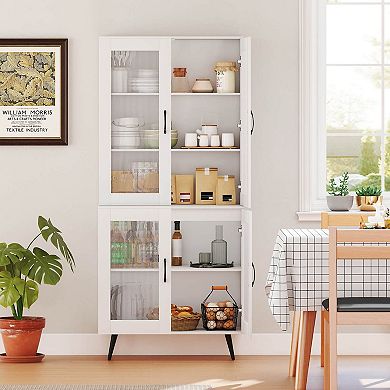 Costway Kitchen Pantry Cabinet with Translucent Fluted Doors & Adjustable Shelf