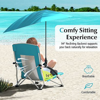 Costway Portable Beach Umbrella Chair with Hexagonal Parasol Comfy Armrest Breathable Seat