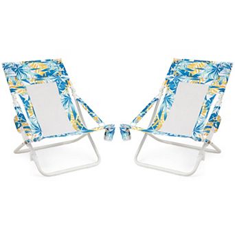 Costway Folding Low Beach Chair, Set of 2 with Padded Head Pillow, Mesh Back, Cup Holder