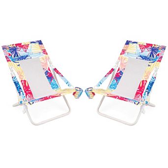 Costway Folding Low Beach Chair, Set of 2 with Padded Head Pillow, Mesh Back, Cup Holder