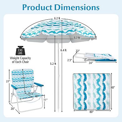 Costway 4 PCS Beach Umbrella Set with 2 Foldable Chairs & Picnic Blanket, Tilt Mechanism