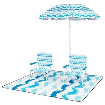 Costway 4 pc Beach Umbrella Set with 2 Foldable Chairs & Picnic Blanket, Tilt Mechanism