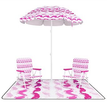 Costway 4 pc Beach Umbrella Set with 2 Foldable Chairs & Picnic Blanket, Tilt Mechanism