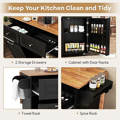 Costway Rolling Kitchen Island Kitchen Island Cart with Drop Leaf Trash Can Cabinet