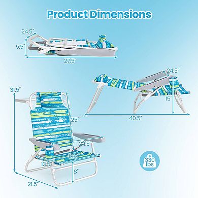 Costway 2 Pack Folding Beach Chair Lightweight Lay Flat Lounge Chair with Head Pillow